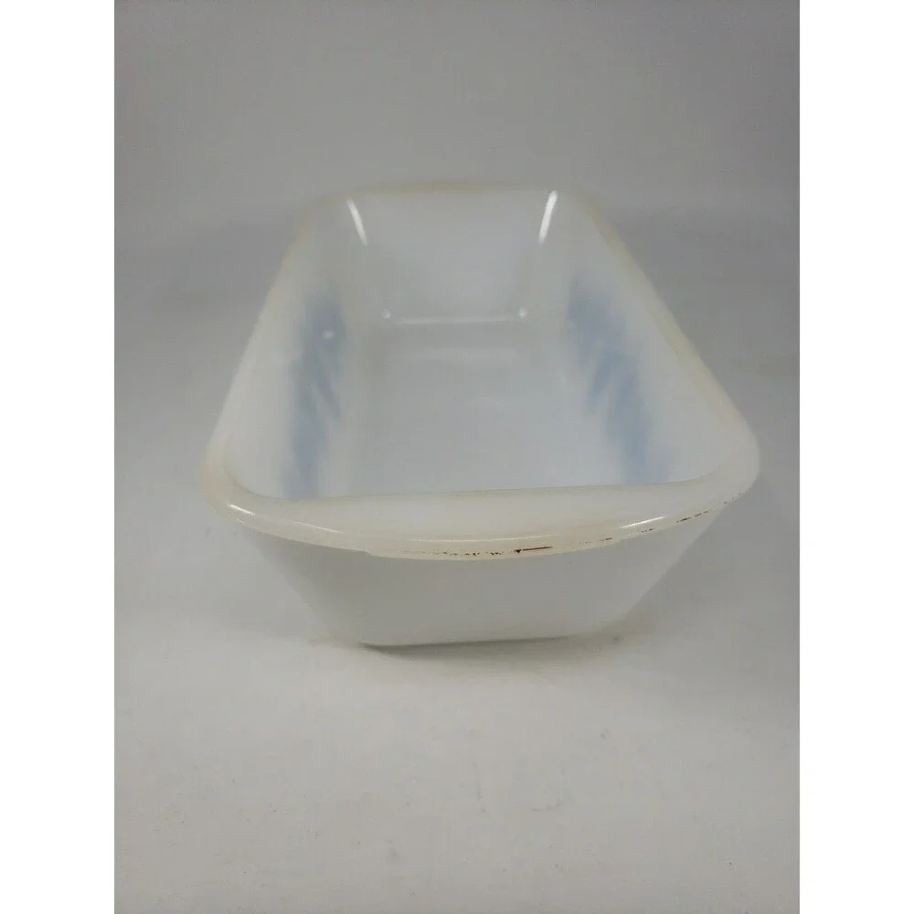 Vintage 1950s Glasbake J522 Loaf Pan Milk Glass Star Snowflake Blue Design MCM